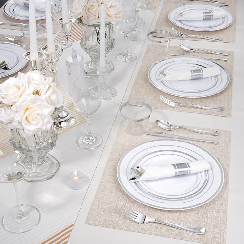 175 PCS White and Silver Plastic Dinnerware Set for 25 Guests, 50 Disposable Plates for Party, 25 Pre Rolled Napkins with Silver Silverware, 25 Cups - Image 5