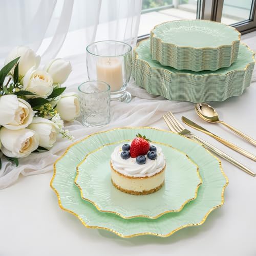 Rubtlamp 60Pcs Light Green Plastic Plates - Green Scalloped Plates with Gold Trim - 30 Gold Dinner & 30 Dessert Platos, Fancy Disposable Plates for Party, Wedding (30 Guests) - Image 7