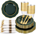 Liacere 175PCS Green Plastic Plates - Emerald Green Disposable With Gold Rim - 25Guest Baroque Plastic Dinnerware include 50Plates-25Pcs Pre Rolled Napkins with Silverware 25Cups for Party & Wedding by Liacere