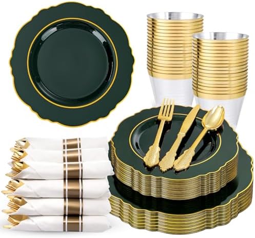 Liacere 175PCS Green Plastic Plates - Emerald Green Disposable With Gold Rim - 25Guest Baroque Plastic Dinnerware include 50Plates-25Pcs Pre Rolled Napkins with Silverware 25Cups for Party & Wedding by Liacere