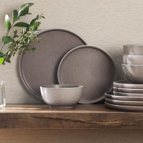 Gibson Elite 12 Piece (Service for 4) Eden Rock Plates and Bowls Reactive Glaze Round Dishes Stoneware Ceramic Dinnerware Set - Grey - Image 6