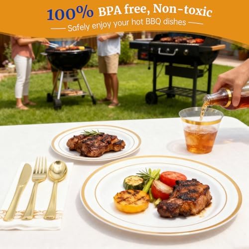 AIRE Gold White Plastic Plates Set, 175PCS Disposable Dinnerware for 25 - Image 4