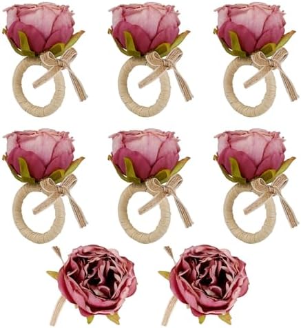 Handcraft Purple Flower Napkin Rings Set of 8, Peony Napkin Holder Floral Rings With Jute Bow Buckles for Summer, Wedding, Banquet, Birthday, Christmas, Valentine's, Thanksgiving Table Decoration by FEKIDO