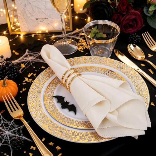 WELLIFE 175Pcs Gold Dinnerware Sets, Include:25 Dinner Plates, 25 Dessert Plates, 25 Paper Napkins, 25 Cups, 25 Plastic Cutlery Set - Image 5
