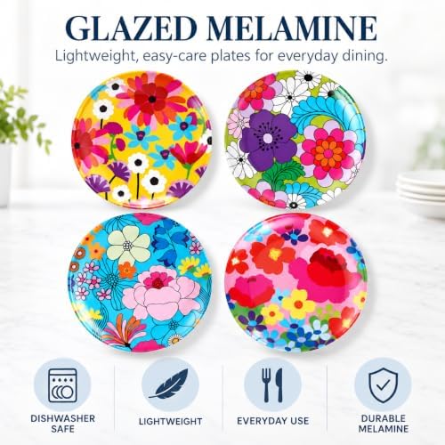 French Bull Assorted Plates - 4 Piece Set - 9 inch Melamine Salad Plates Set of 4 - Melamine Dinnerware for Indoor and Outdoor - Assorted Garden Floral - Image 4