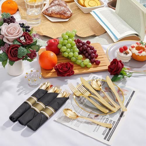 Supernal 120Pack Pre Rolled Black and Gold Plastic Silverware Set - Image 2