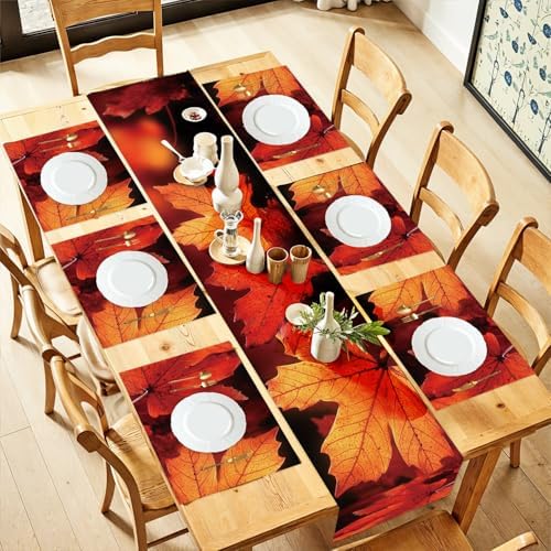 ANNA QUEEN Fall Maple Leaves Table Runner and Placemats Set of 6, 13"x72" Table Runner with 12"x18" Placemats, Autumn Dining Table Set for Kitchen, Farmhouse, Thanksgiving Decoration by ANNAQUEEN