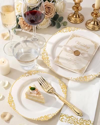 Morejoy 175 PCS Lvory Plastic Plates - Lvory Gold Plastic Dinnerware Sets - Image 5