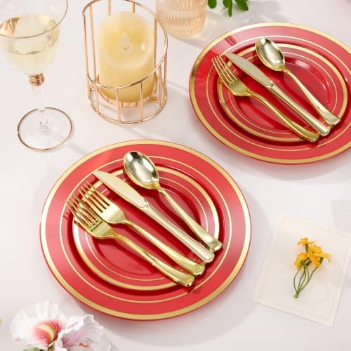 600 Pcs Red Plastic Dinnerware Set with Gold Trim for 100 Guests,200 Red Plastic Plates with Gold Trim, 200 Forks, 100 Spoons, 100 Knives for Party, Wedding, Birthday & Christmas - Image 2
