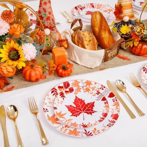 Liacere 150PCS Thanksgiving Plastic Plates- Include 30 Dinner Plates, 30 Dessert Plate,30 Forks, 30 Gold Spoons, 30 Gold Knives Perfect for Thanksgiving＆ Fall Plates - Image 5