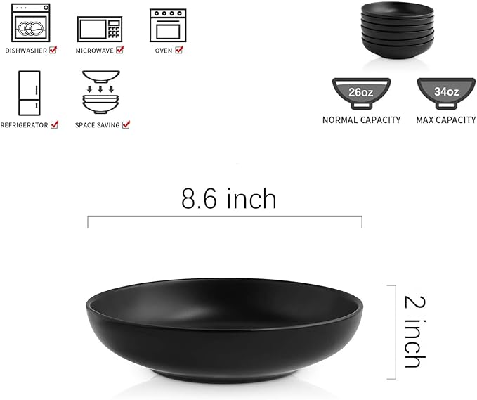 Selamica Porcelain 8.6 inch Salad Pasta Bowls Set of 6, 34 OZ Bowls Plates, Wide and Shallow Serving bowls, Microwave & Dishwasher Safe, Sturdy & Stackable, Set of 6(Black)