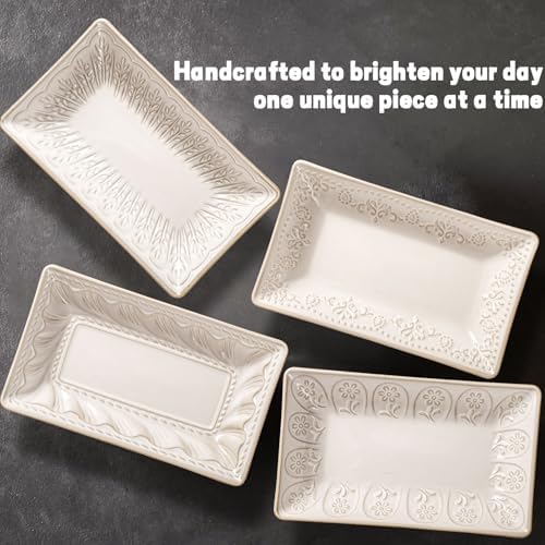 Artena Salad Plates Set of 4, 9.85" Embossed Ceramic Rectangular Appetizer Plates, Deep Lipped Edges, Microwave & Dishwasher Safe, Dessert Sushi Pasta Serving Plates (White, Pinwheel Flower) - Image 4
