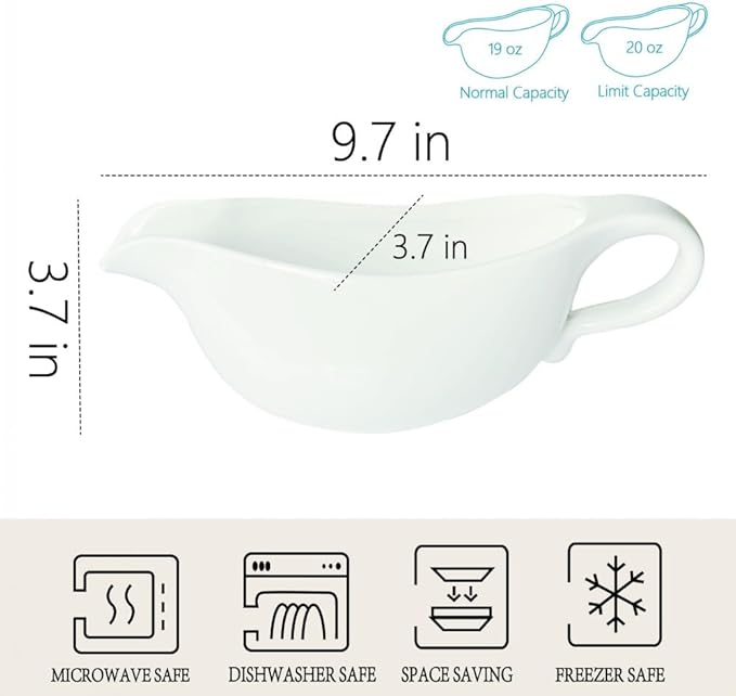 20 OZ Gravy Boat - White Meat Sauce Boat With Spoon - Perfect for Gravy, Sauces and Syrups, Salad Dressings, Creamer, Broth, and More Server