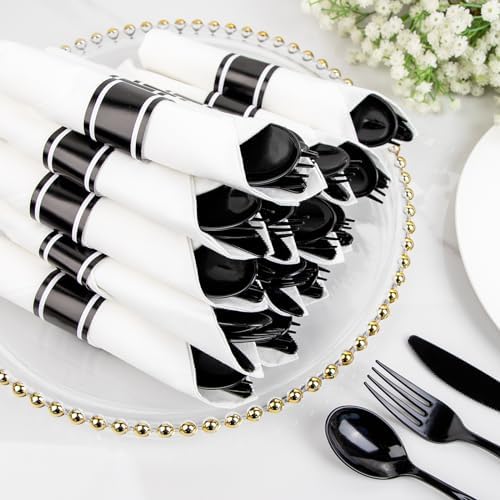 Supernal 60 Pack Pre Rolled Black Plastic Silverware with Napkins Set - Image 4