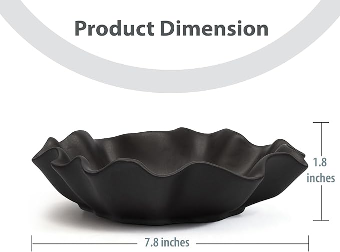 Small Black Ceramic Decorative Bowl, Modern Home Decor Centerpiece 7.8 Inches Key Jewelry Ruffle Fluted Scalloped Bowl with Wavy Edge