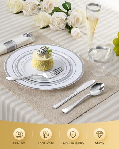 Goodluck 320 PCS Disposable Silver White Plastic Dinner Plate for 40 Guests - Image 4