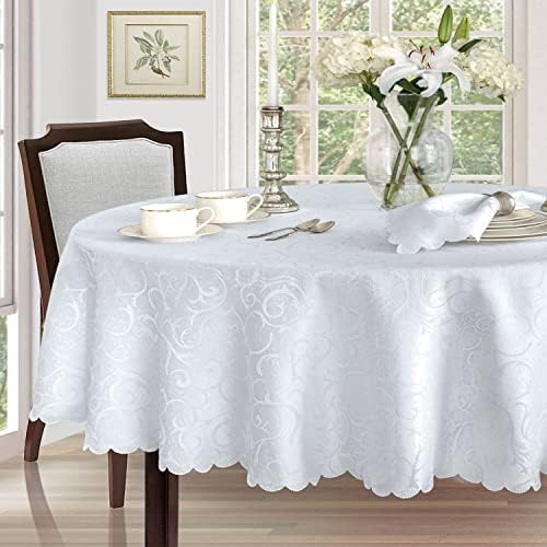 Newbridge Portofino Scalloped Damask Fabric Tablecloth, 60 x 102 Inch Oval, White, Wrinkle and Stain Resistant Dining Room Party Banquet Table Cover - Image 2