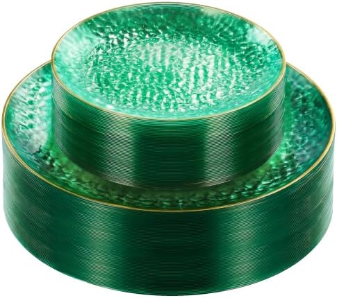 realluck 100Pcs Clear Green Plastic Plates with Gold Rim by Realluck
