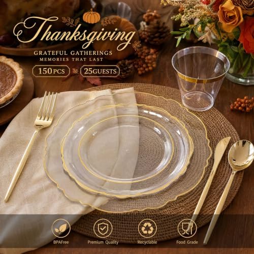 Liacere 150Pcs Clear Plastic Plates-Clear and Gold Disposable Plates Set-Clear and Gold Rim Disposable Plastic Dinnerware include 50Plates,25Pack Silverware and 25Cups for Thanksgiving/Fall Party - Image 4