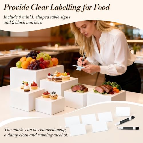 6 Pcs Buffet Risers with Mini Sign and Maker, Food Risers Display Stands for Buffet Table Party Catering Dessert Jewelry Collectibles, Nesting Cube Boxes with Hollow Bottoms (8",7",6",5",4",3") - Image 2