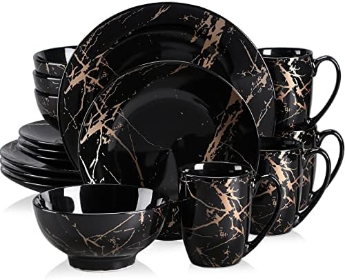 LOVECASA Black Plates and Bowls Sets for 4, Porcelain Dinnerware Sets 16 Piece Gold Splash Glaze Ceramic Dish Set, Round Dinner Set with Mugs, Dishwasher Microwave Safe by LOVECASA