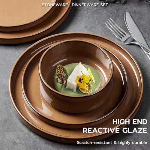 Onader Stoneware Dinnerware Sets for 4, Plates and Bowls with Unglazed Terracotta Bottom, Elegant Kitchen Ceramic Dish Dishware Set, Reactive Glaze 12 Piece - Earthy Umber - Image 4