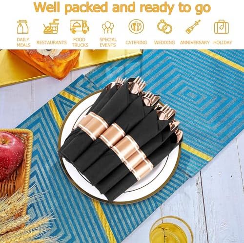 50 Pack Pre Rolled Rose Gold Plastic Silverware Set with Napkins - Image 4