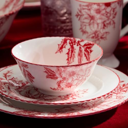 Crimson Noel SALAD/DESSERT PLATES, SETof 6 Assorted Designs — Six 8.5-inch assorted white porcelain plates in dramatic crimson toile, carrying the collection's bold botanical artistry to every course. - Image 5