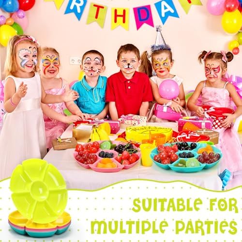 Zhehao 6 Pcs Plastic Divided Serving Trays with 60 Pcs Disposable Fork, 7 Compartments Round Chip Dip Plate, Petal Shape Platter, 10.6'' Snacks Serving Dish for Party Candy Nuts Fruits (Bright Color) - Image 4