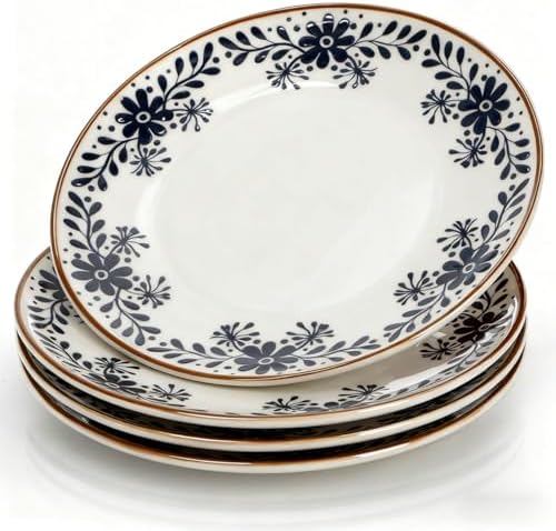 10" Ceramic Dinner Plates Set of 4, Large Round Blue Floral Plate by ELFULLY