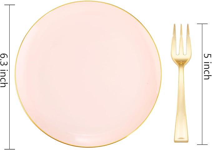Festiva 200Pcs Pink Gold Cake Plates 6.3" with Forks 5"- Disposable Salad Plates-Pink Dessert Plates-Appetizer Plastic Plates - include 100Plates 100Forks for Party&Wedding&Easter&Valentine's Day