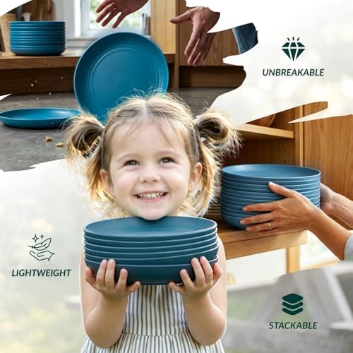 Homienly Unbreakable Salad Plates 12 PCS Wheat Straw Deep Plates 9 Inch Plastic Plates for Dessert, Bread & Butter, Breakfast Kitchen Plates for Camping Microwave & Dishwasher Safe Plates (Blue) - Image 6