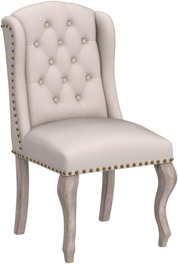 chairus Tufted Parsons Dining Chairs Set of 4, French Country Upholstered Dining Room Chairs with Nailhead Trim & Curved Wood Legs, Farmhouse High Back Armless Side Kitchen Chairs, Beige Linen