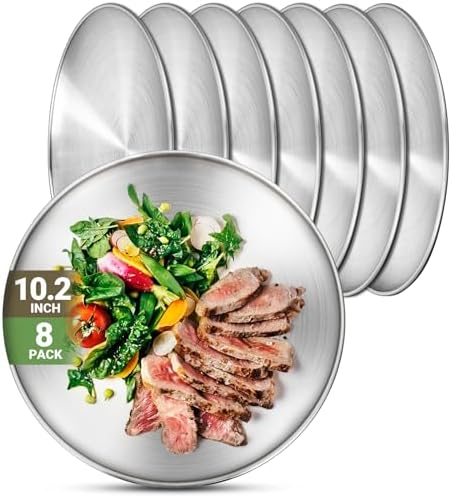 Metal Dinner Plate, 8 Pack 10.2 inch 304(18/8) Stainless Steel Plates, Reusable lunch salad Pizza BBQ Food Serving Snack Eating Dishes Round Shatterproof Plate Silver Dinnerware Oven Safe by Offiper
