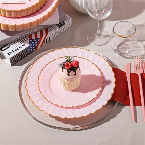 Lullaby 60PCS Pink Scalloped Plastic Plates with Gold Rim for Party Wedding - Image 5