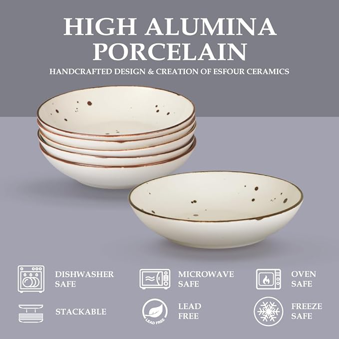 Esfour 8 Inch Porcelain Pasta Bowl, 23.6 Ounces Salad Bowls, Microwave & Dishwasher Safe, Sturdy & Stackable, Set of 6 Ceramic bowls Plates Set, Wide Shallow salad Bowls Set, Classic Assorted Colors