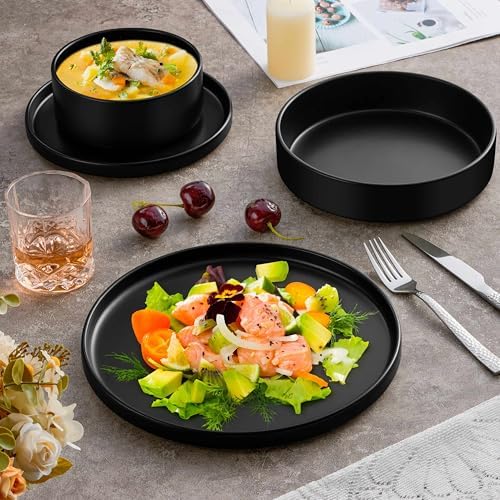 Herogo Dinnerware Sets with Pasta Bowls for 2, 8 Piece Dinner Salad Plates and Cereal Bowls, Stoneware Serving Dishes Dinner Ware for Home Kitchen, Dishwasher & Microwave Safe Dishware, Matte Black - Image 3