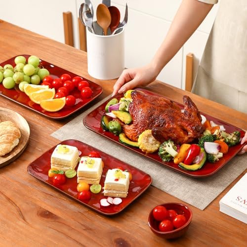 vicrays Ceramic Rectangle Serving Platters - 14" 12" 10" Porcelain Serving Trays Plates for Party BBQ Appetizers Sushi Dessert - Microwave Oven and Dishwasher Safe - Set of 3 -Cherry Red - Image 2