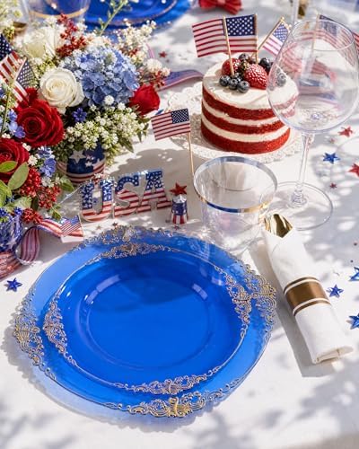 Nervure 175Pcs Blue Plastic Plates, Disposable Dinnerware Set for 25 Guests - Image 5