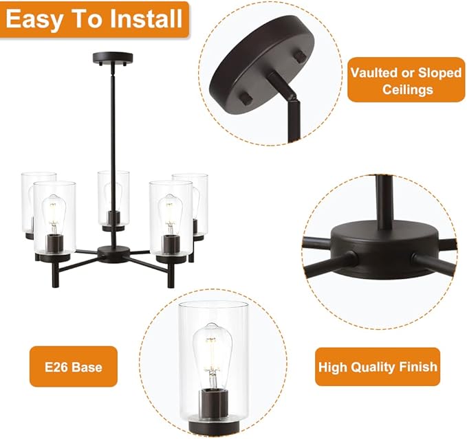 VINLUZ Contemporary 5-Light Large Chandeliers Oil Rubbed Bronze Modern Lighting Fixtures Hanging Clear Glass Shades Pendant Lighting for Dining Room Living Room Kitchen