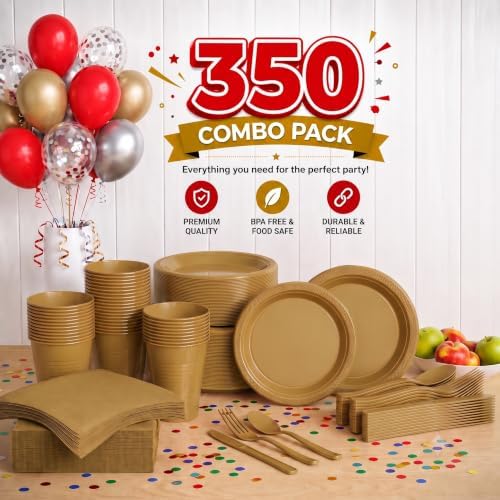 350 Pcs Gold Plastic Plates for Party Gold Disposable Plates Set 50 of Each 9 Dinner Plate Set 7 Dessert Plate Cups Napkins & Cutlery Plastic Dinnerware Set Exquisite - Image 2