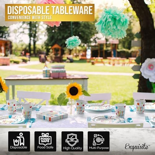 Exquisite 350 Pcs Blue Happy Birthday Plates and Napkins Set, Blue Birthday Plates Set, 50 Of Each 9" Dinner Plate, 7" Dessert Plate, 12 oz Cups, Napkins & Cutlery Plastic Dinnerware Set - Image 4