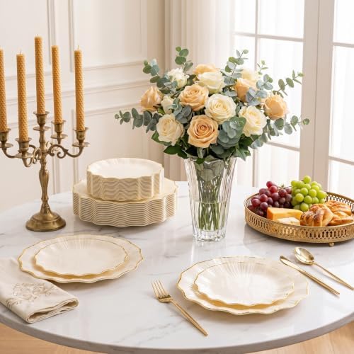 Rubtlamp 60Pcs Ivory Scalloped Gold Plastic Plates, Disposable Plates With Gold Rim, Heavyduty Plastic Plates Include 30 Dessert Platos, 30 Dinner Platos for Party - Image 2