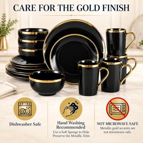 Black and Gold Dinnerware Set for 4, 16-Piece Porcelain - Image 6