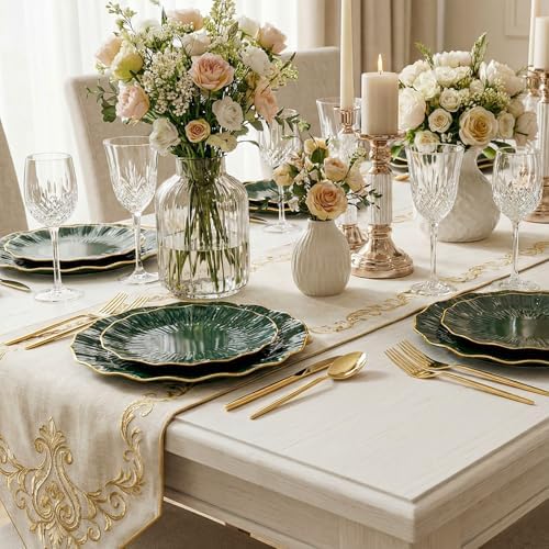 Rubtlamp Heavyduty 60Pcs Green Plastic Plates - Green Scalloped Plates with Gold Trim - 30 Gold Dinner & 30 Dessert Platos, Fancy Disposable Plates for Party&Wedding (30 Guests) - Image 3