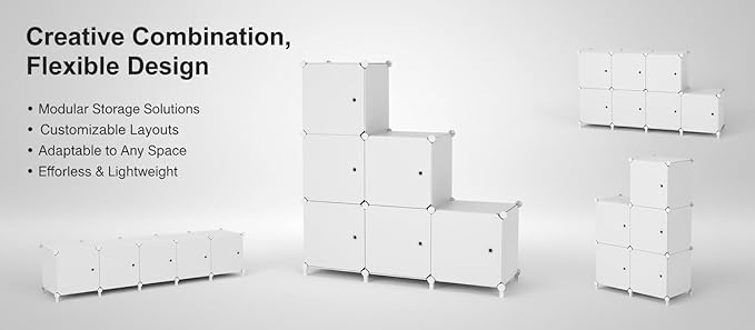 Cube Storage Organizer, 6-Cube Shelves Unit with Doors, DIY Stackable Plastic Clothes Organizer for Bedroom and Under Stairs Storage Unit, Each Compartment 30 x 30 x 30 cm White ATTSL6002