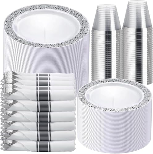 WELLIFE 700 Pieces Silver Disposable Plastic Dinnerware, Includes:100 Dinner Plates, 100 Dessert Plates, 100 Cups, 400 Pre Rolled Napkins with Silver Cutlery by WELLIFE
