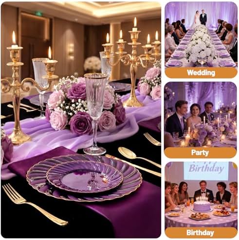 YOUBET 125PCS Clear Purple Plastic Plates with Gold Rim for Wedding - Image 5