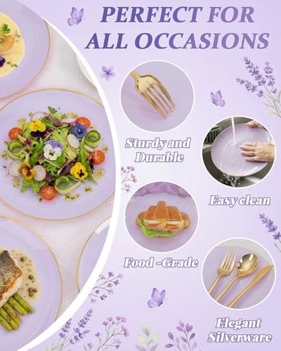 bUCLA 150PCS Purple Plastic Plates - Light Purple and Gold Disposable - Include 25 Each (Dinner & Dessert) lavender Plates, 25 Knives, 25 Forks, 25 Spoons & 25 Cups for Party, Birthday & Wedding - Image 6