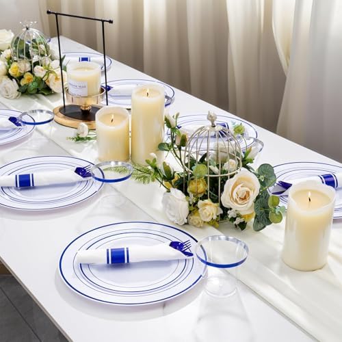 WELLIFE 210 Piece Blue Disposable Dinnerware Set,Plastic Plates for Party, Include: 30 Dinner Plates, 30 Dessert Plates, 30 Pre Rolled Napkins with Gold Silverware and 30 Gold Cups - Image 6